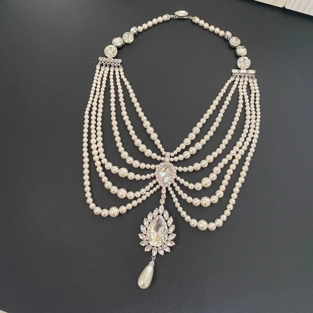 Alessandra Rich Ivory Pearl Multi-Strand Necklace with Crystal Drop